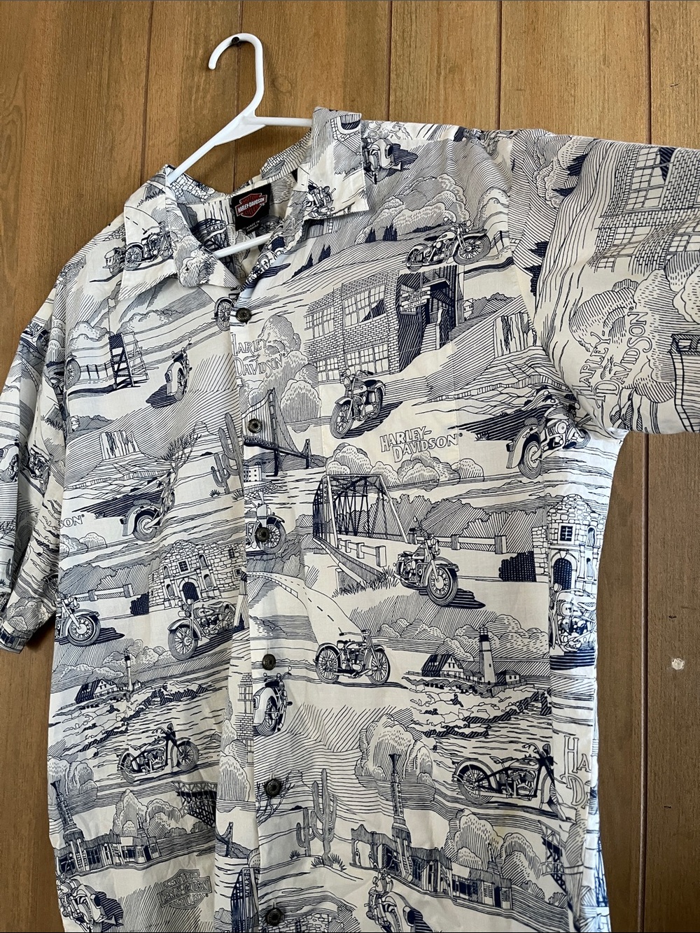 Harley-Davidson Hawaiian White & Navy Scenic Motorcycle Print Button-Up Shirt XL